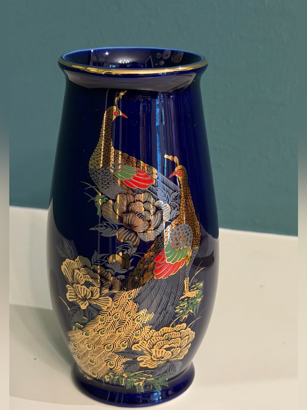 Vintage Japanese Kutani Cobalt Blue Peacock Porcelain Vase Gold Gilt 7.5”